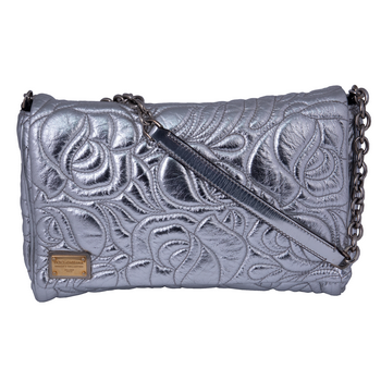 Silver Leather Flower Embossed Clutch
