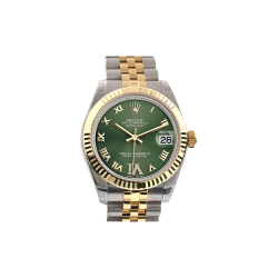 Rolex Datejust 31 Olive Green Roman Large VI Diamond Dial Fluted Bezel 18K Gold Two Tone Jubilee