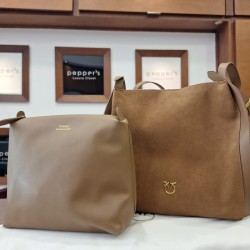 brown suede pinko leaf hobo bag