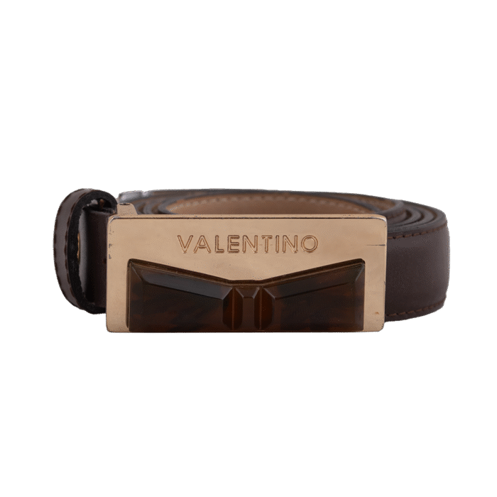 Brown Leather Belt with Metal Bow Detail Plaque