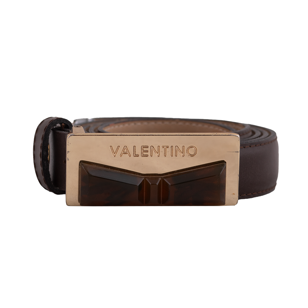 Brown Leather Belt with Metal Bow Detail Plaque