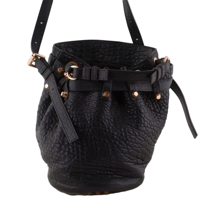 Black Pebbled Leather Matte Studded Diego Bucket Ba