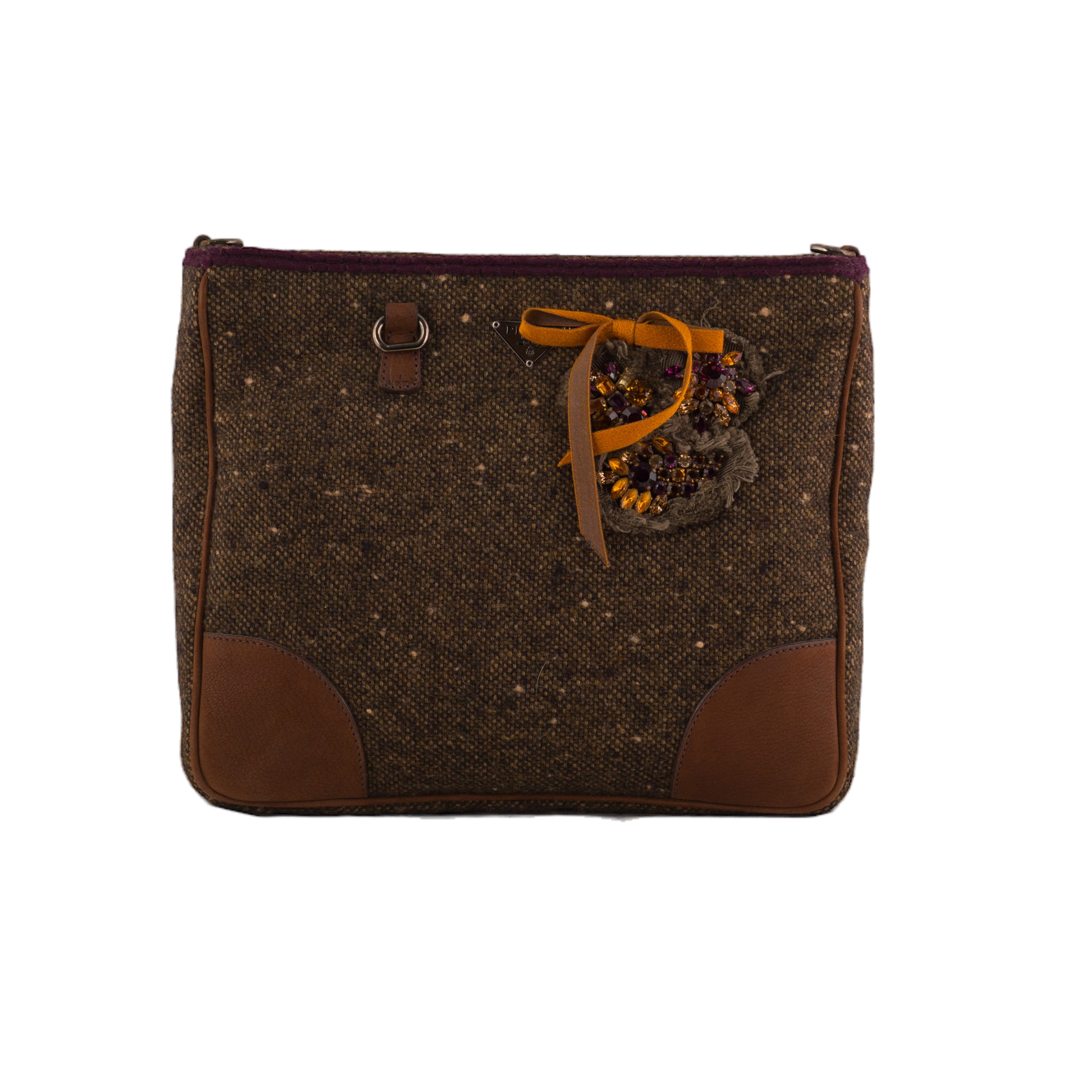 Brown Tweed Embellishes Detail Shoulder Tote Bag