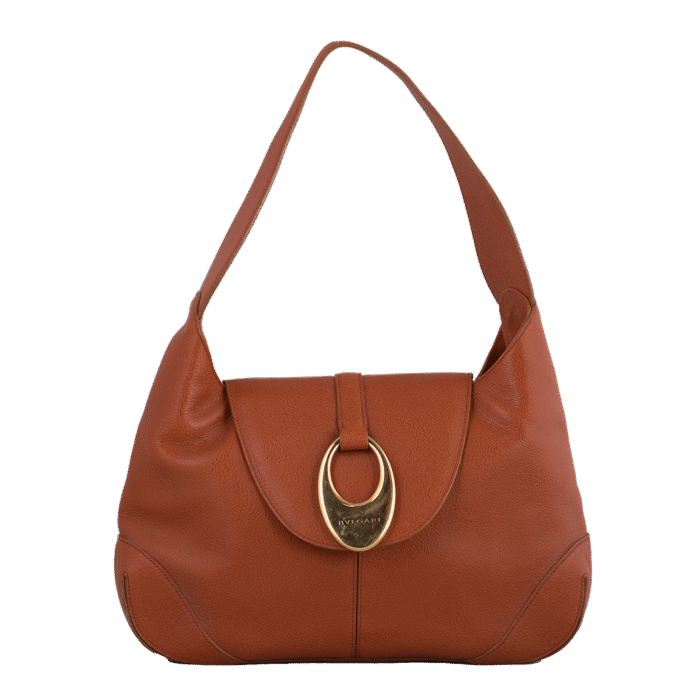 Camel Brown Leather Hobo Shoulder Bag with Metal Detail