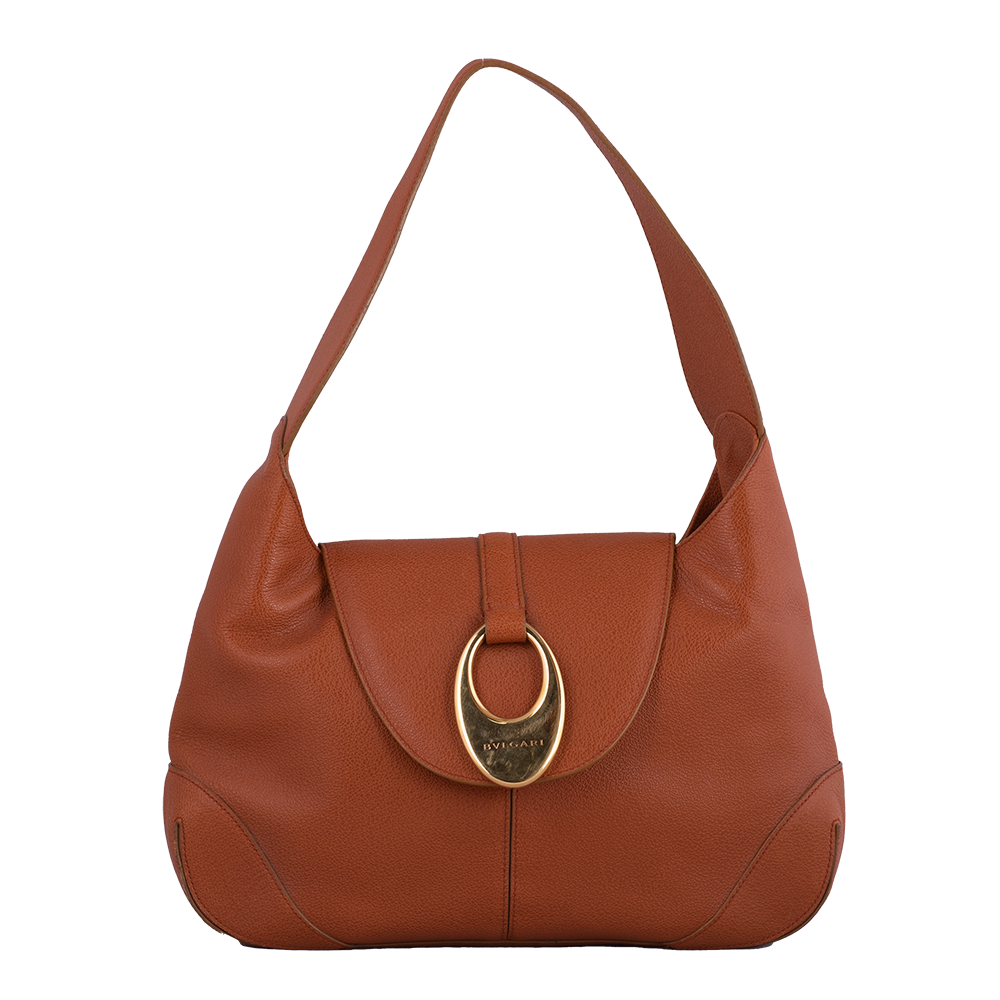 Camel Brown Leather Hobo Shoulder Bag with Metal Detail