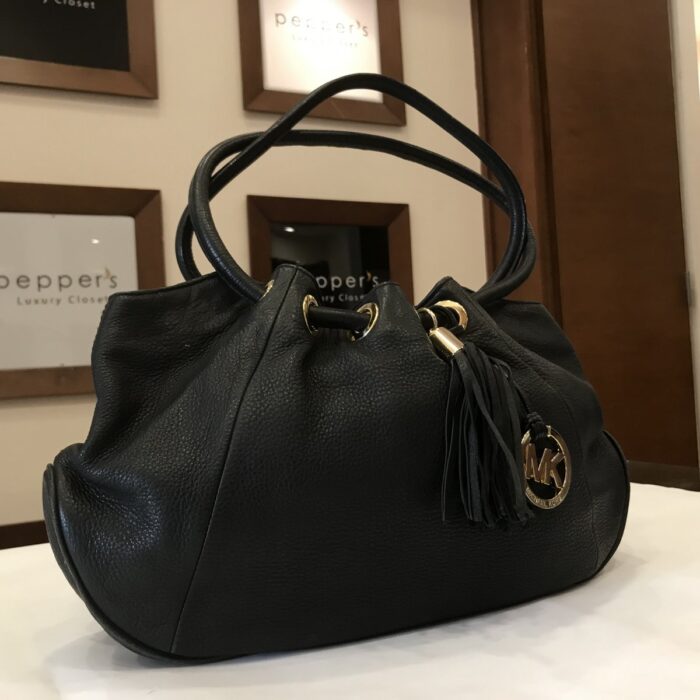 Black Leather Large Drawstring tote shoulder bag