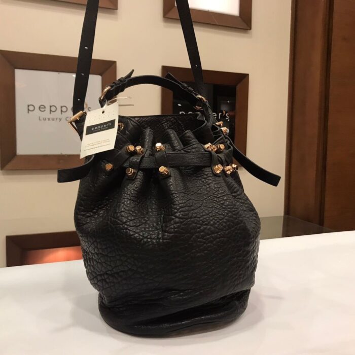 Black Diego Studded Textured Leather Shoulder Cross Bag
