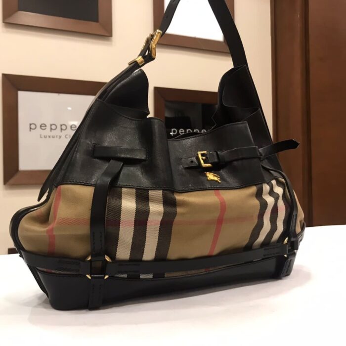Black Leather Checkhouse Tote Hobo Shoulder Bag