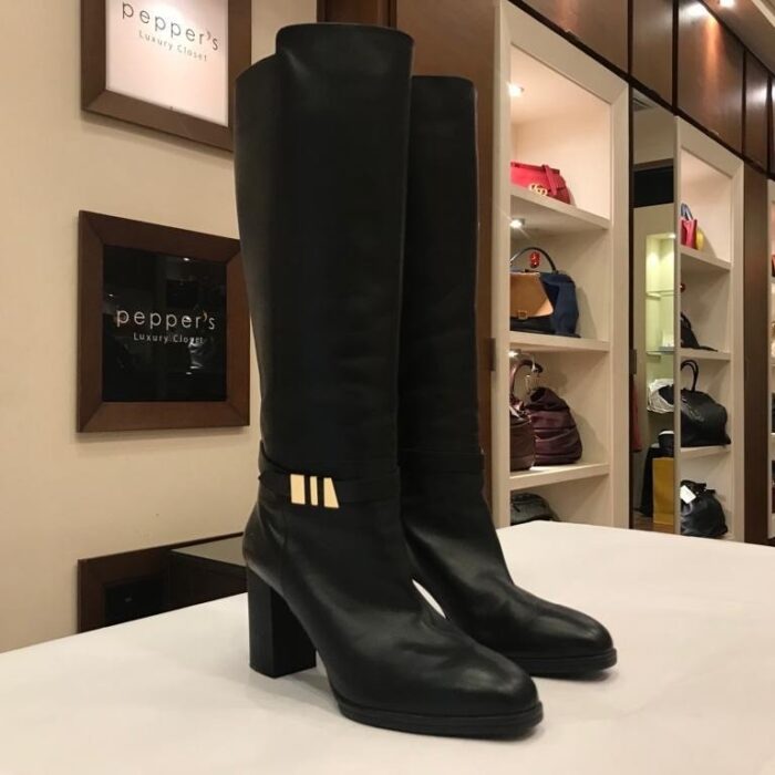 Black Leather Knee High Heels Boots 41