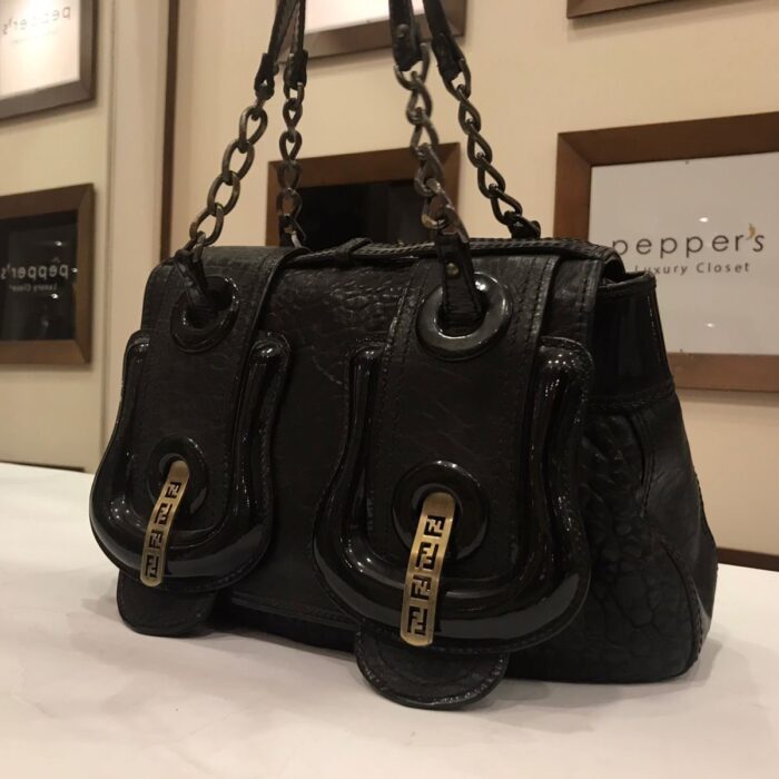 Black Grained Leather Double pocket Flap Shoulder Bag