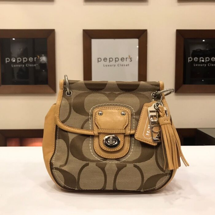 BEIGE SIGNATUE PRINT SHOULDER CROSSBODY BAG