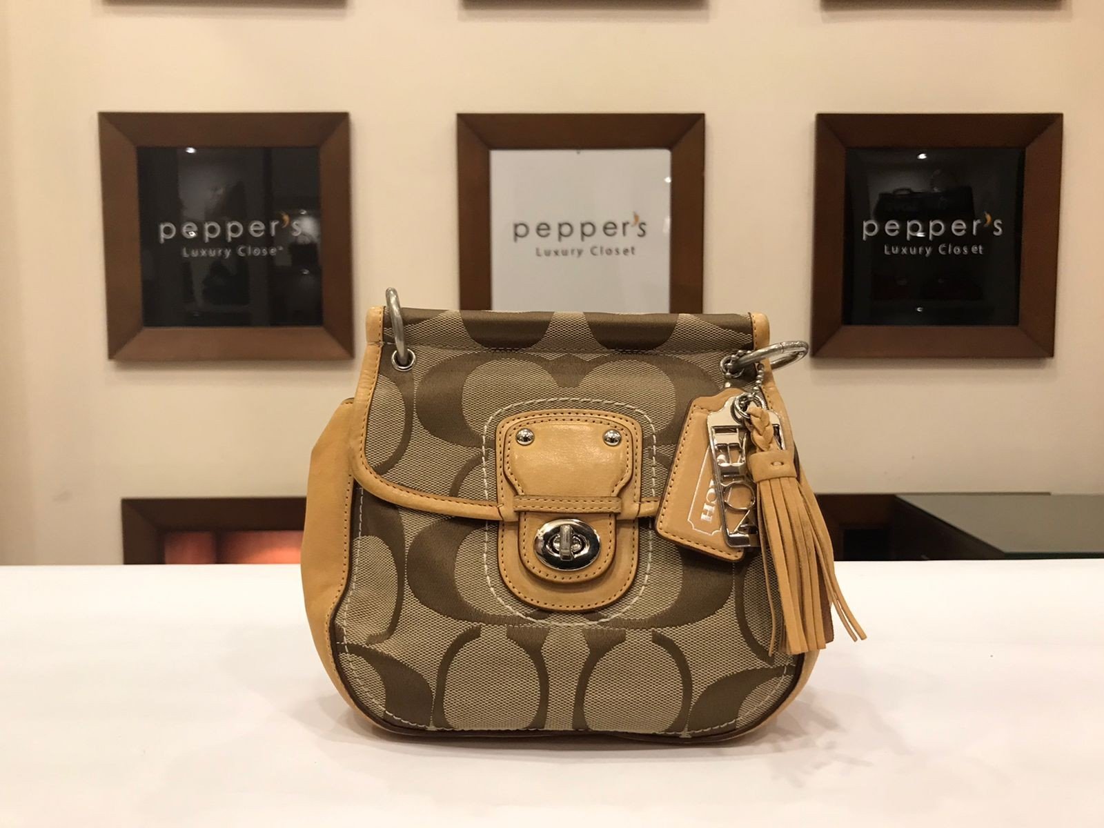 BEIGE SIGNATUE PRINT SHOULDER CROSSBODY BAG