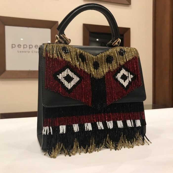 BLACK 2WAY HANDBAG BEAD EMBELLISHED LEATHER HANDLE BAG