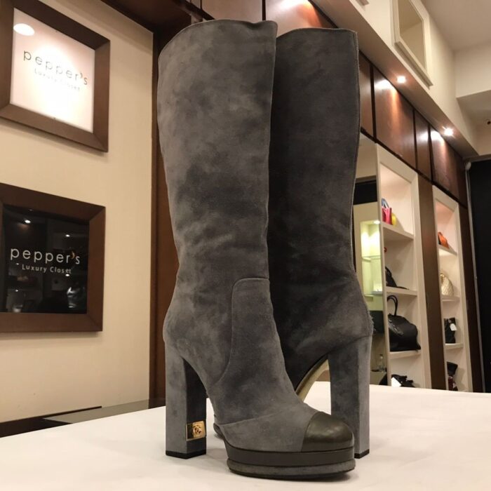BLUE SUEDE KNEE HIGH PLATFORM BOOTS