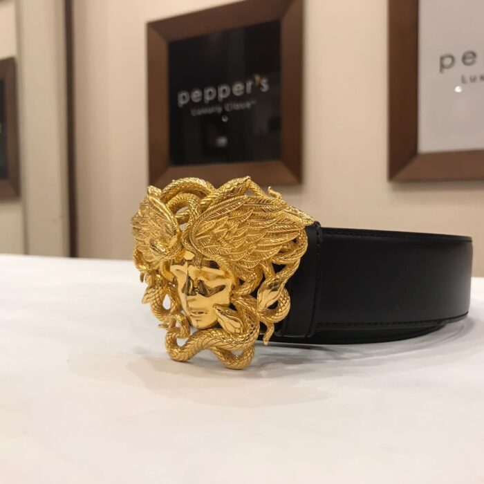 Black Medusa Head Logo Leather Medium Belt (New)