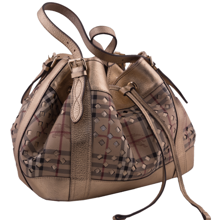 Gold/Beige Haymarket Check Drawstring Hobo Shoulder Bag