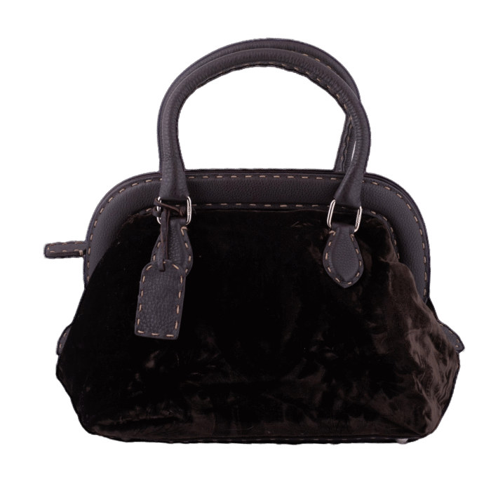 Brown Velvet and Leather Top Handle Bag