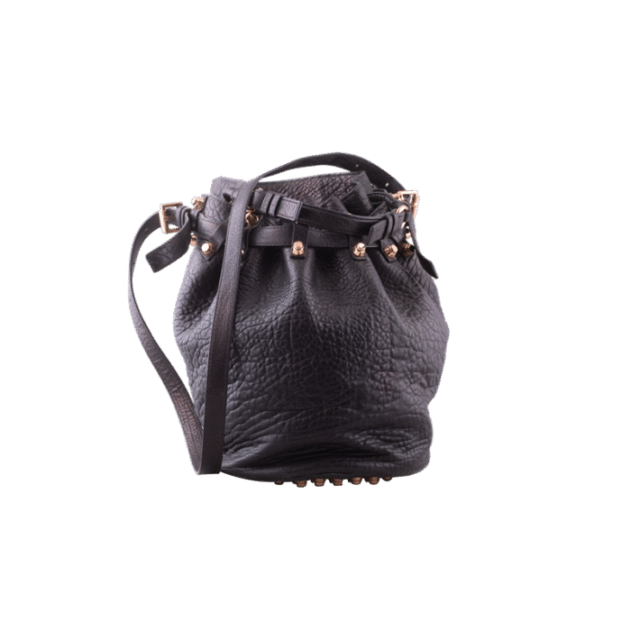 BLACK PEBBLED LEATHER MATTE STUDDED DIEGO BUCKET BA