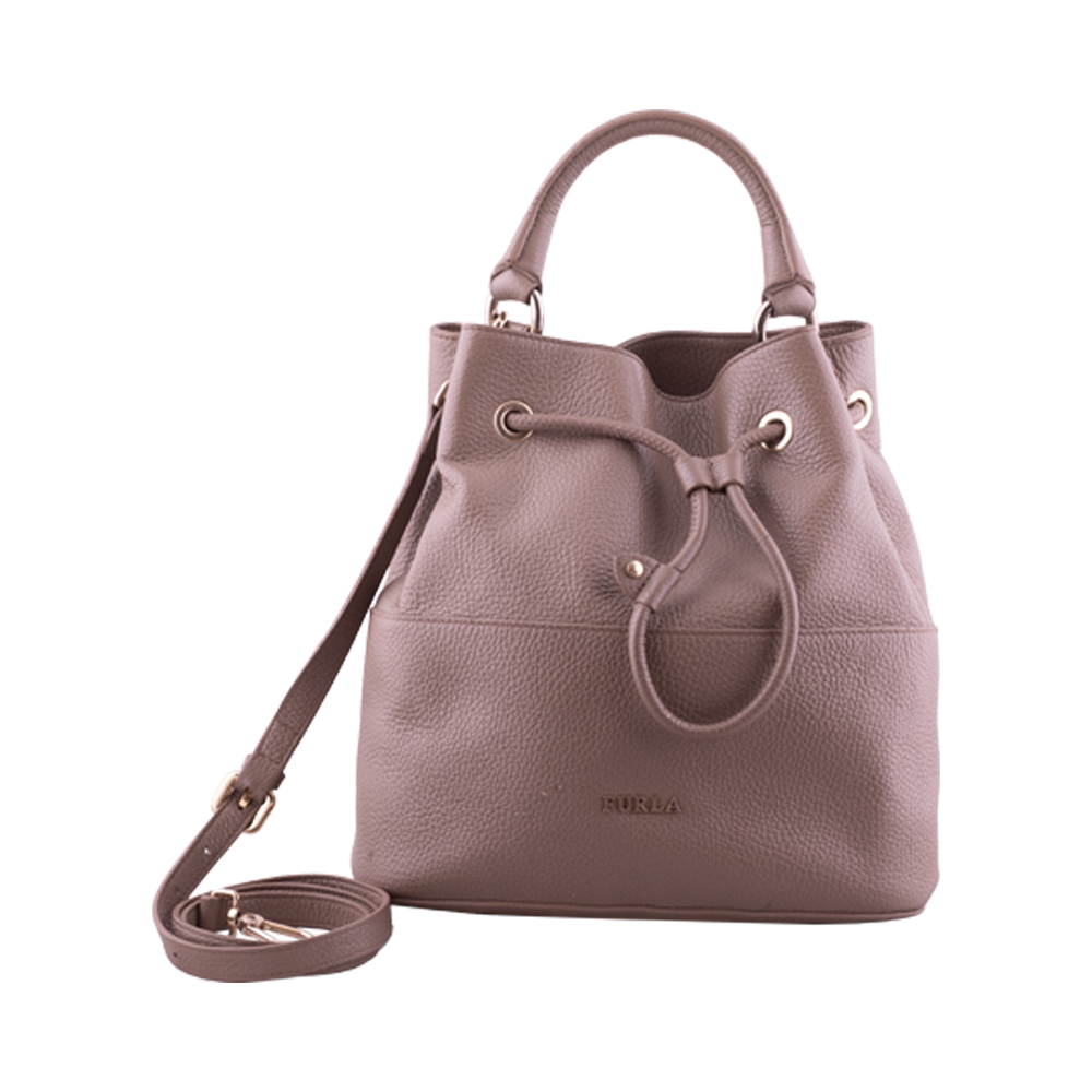 Beige Leather Drawstring Shoulder Bag