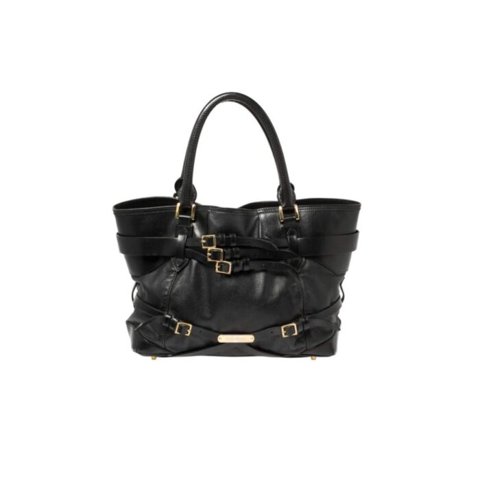 BLACK LAMBSKIN LEATHER TOTE BAG MEDIUM BRIDLE LYNCHER CALFSKIN WITH BUCKLE