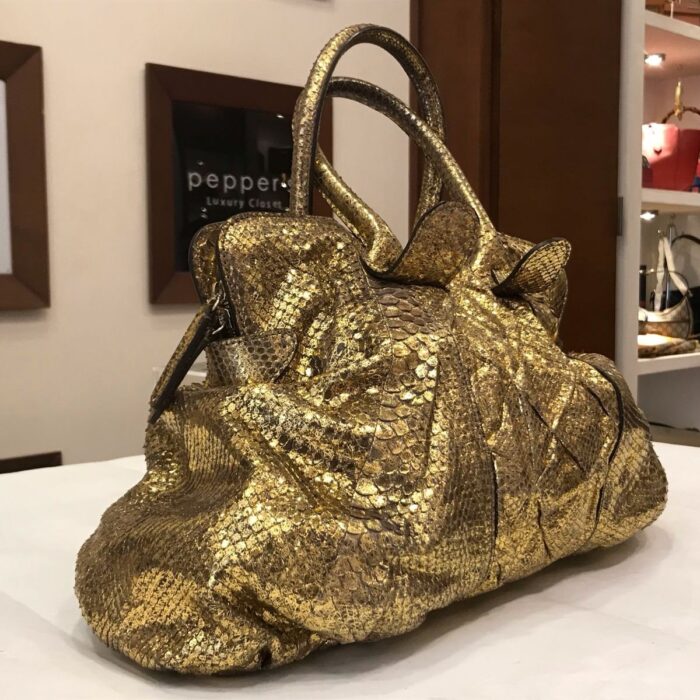 Zagliani Metallic Gold Python Top Zip Tote