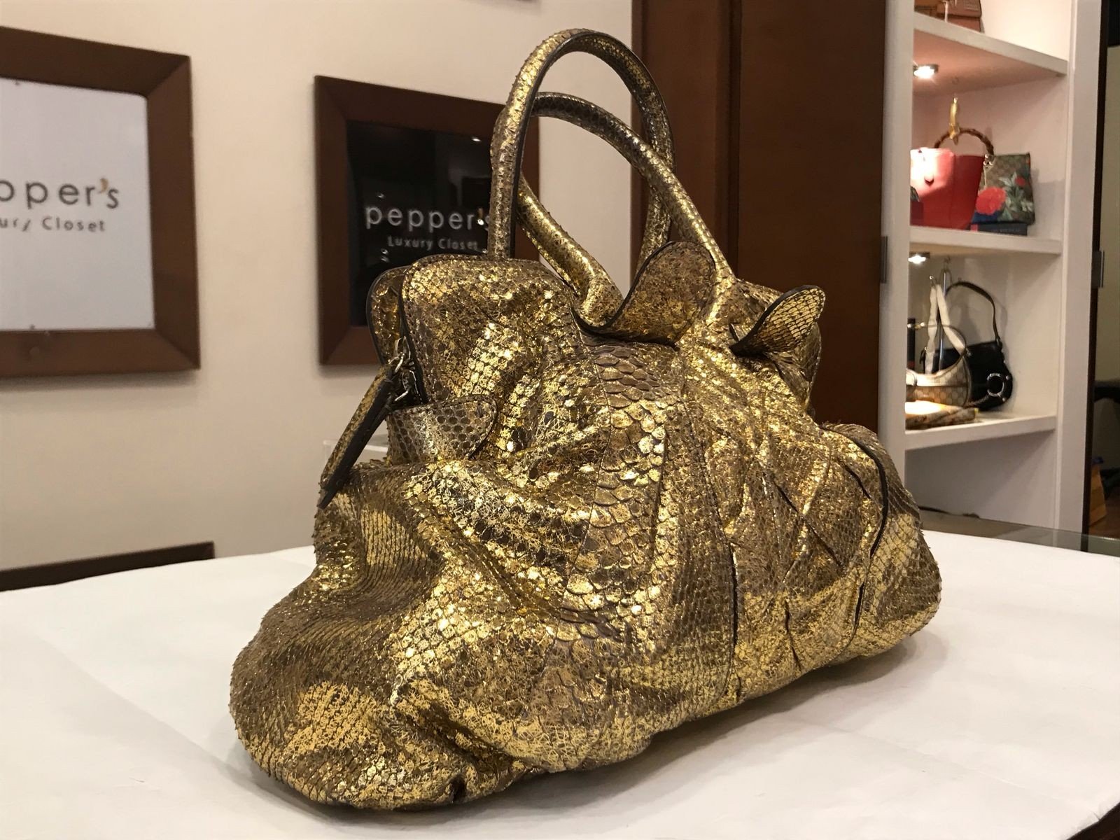 Zagliani Metallic Gold Python Top Zip Tote