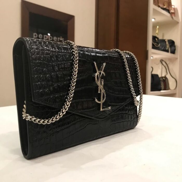 Saint Laurent Black Croc Embossed Leather Uptown Wallet on Chain