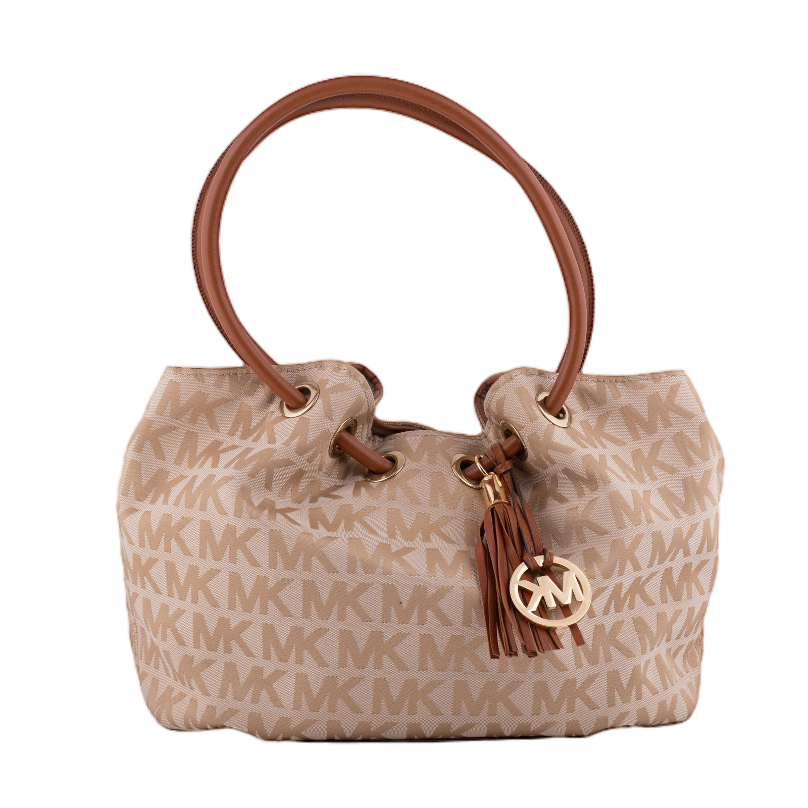 Beige Monogram Drawstring Tote Shoulder Bag
