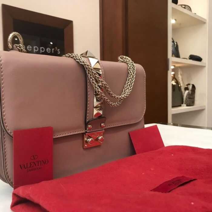 Valentino Rockstud Calfskin Chain Flap Bag Nude