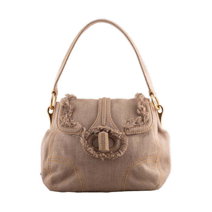 Beige Canvas Fringe Details Hobo Shoulder Bag