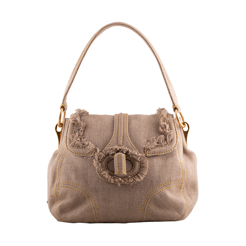 Beige Canvas Fringe Details Hobo Shoulder Bag