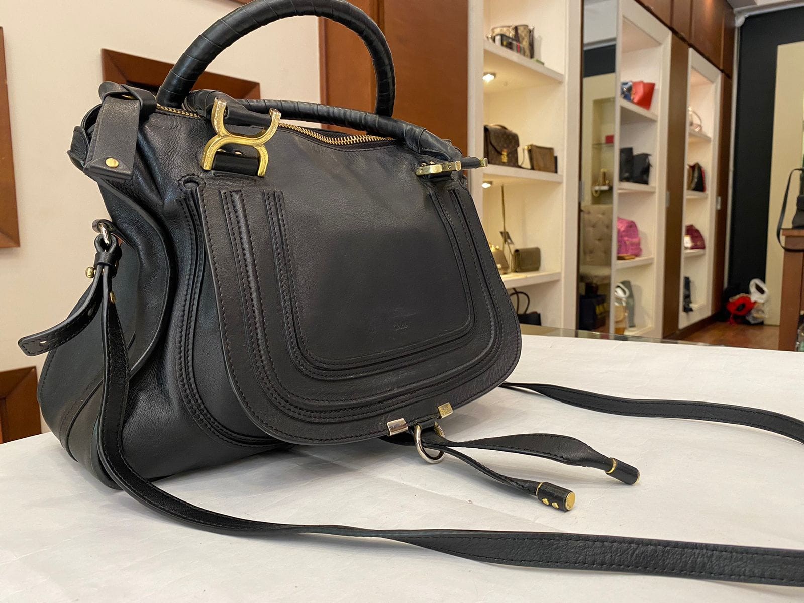 CHLOE BLACK LEATHER MEDIUM MARCIE SATCHEL